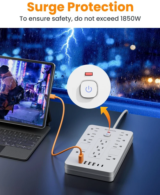 Alt view image 6 of 7 - 6FT Flat Plug Surge Protector Power Strip with 11 Outlets&6 USB Ports 6FT Flat Plug Extension Cord Power Strip with 11 Outlets(1850W/15A/14AWG) &6 USB Ports(2 USB C),Wall Mount, ETL