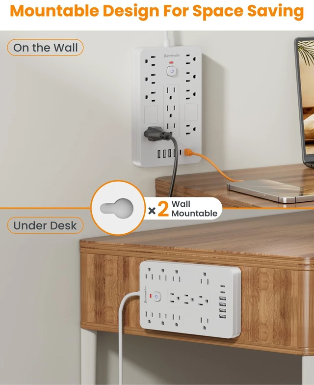 Alt view image 7 of 7 - 6FT Flat Plug Surge Protector Power Strip with 11 Outlets&6 USB Ports 6FT Flat Plug Extension Cord Power Strip with 11 Outlets(1850W/15A/14AWG) &6 USB Ports(2 USB C),Wall Mount, ETL