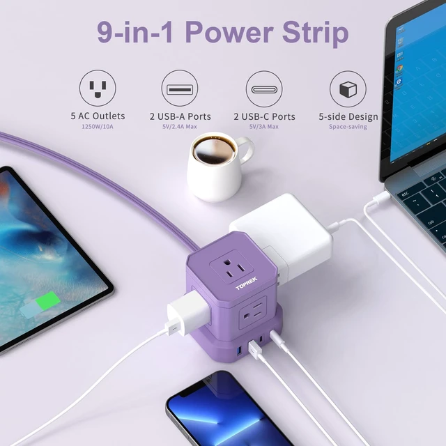 Alt view image 2 of 7 - Power Strip with USB, 10 FT Flat Extension Cord with 5 Outlets, 2 USB-C & 2 USB-A, Compact Desk Charging Station for Home Office, Dorm, Hotel, Travel, 700J Surge Protection