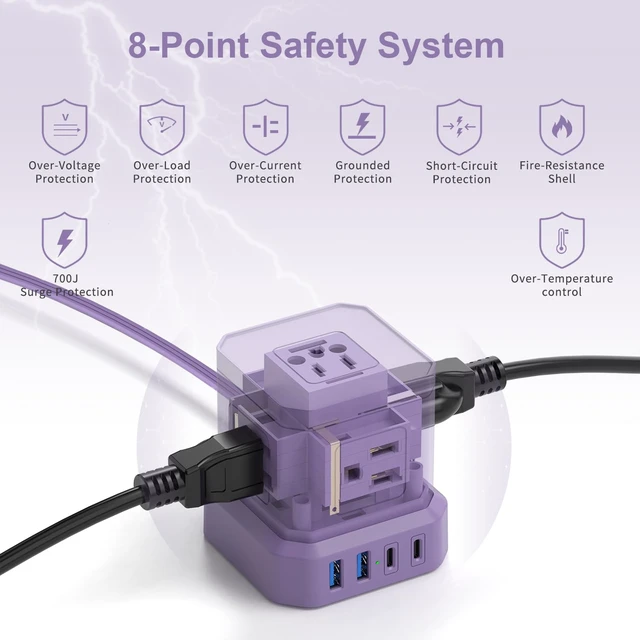 Alt view image 6 of 7 - Power Strip with USB, 10 FT Flat Extension Cord with 5 Outlets, 2 USB-C & 2 USB-A, Compact Desk Charging Station for Home Office, Dorm, Hotel, Travel, 700J Surge Protection