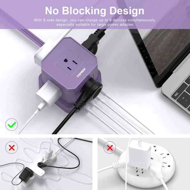 Alt view image 5 of 7 - Power Strip with USB, 10 FT Flat Extension Cord with 5 Outlets, 2 USB-C & 2 USB-A, Compact Desk Charging Station for Home Office, Dorm, Hotel, Travel, 700J Surge Protection