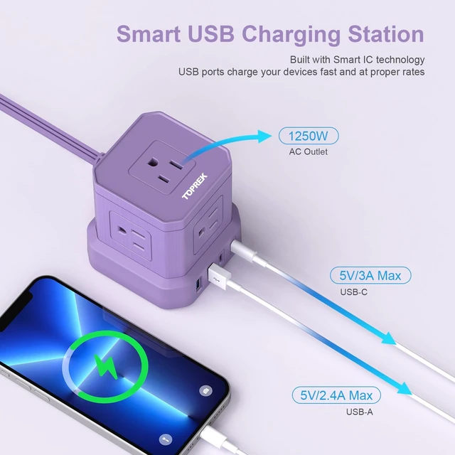 Alt view image 3 of 7 - Power Strip with USB, 10 FT Flat Extension Cord with 5 Outlets, 2 USB-C & 2 USB-A, Compact Desk Charging Station for Home Office, Dorm, Hotel, Travel, 700J Surge Protection