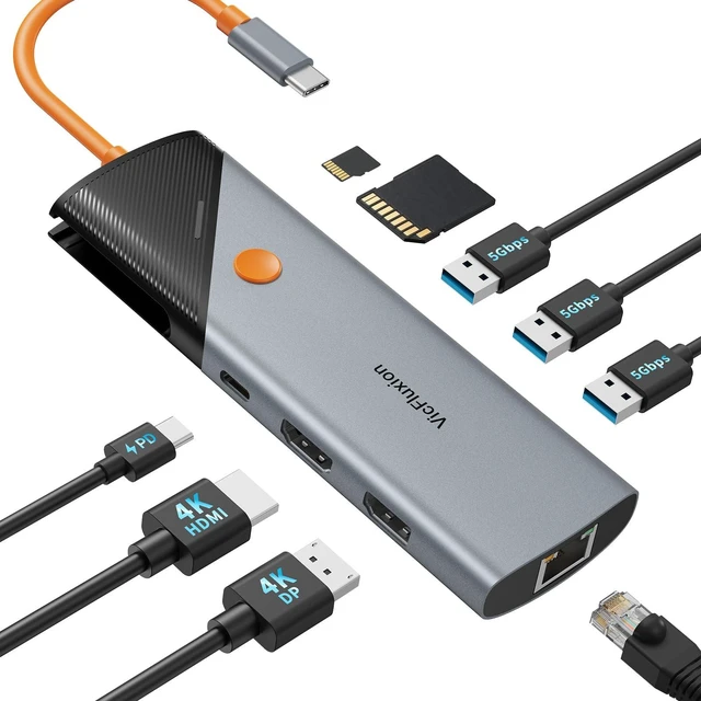 Main image of Docking Station Dual Monitor with 4K HDMI&DP Port, USB-C Hub with Ethernet 3 USB-A 3.0, SD/TF Card Readers, 4K@60Hz HDMI and DisplayPort,100W PD Charging, Ethernet, 9 Port USB C Dock for Laptop