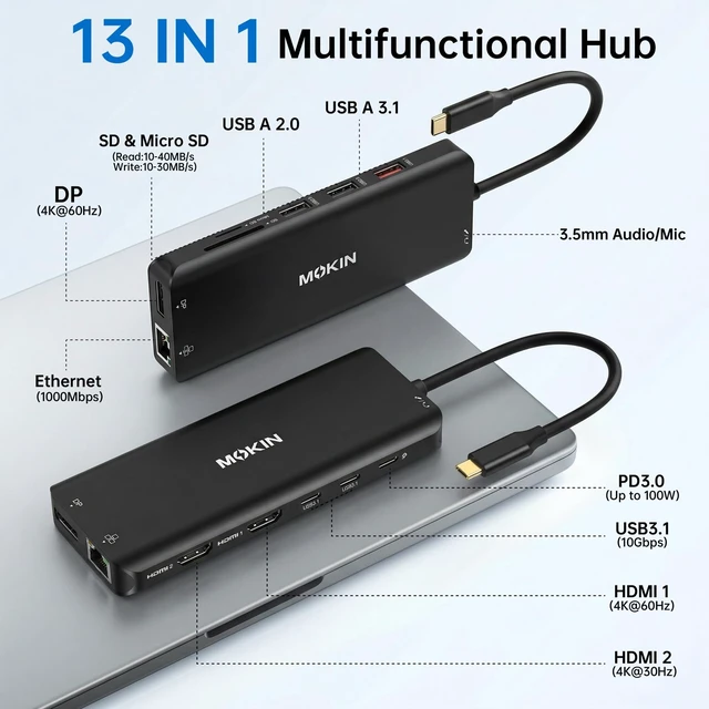 Alt view image 2 of 6 - USB C Laptop Docking Station Dual Monitor Dual HDMI 4K DP Triple Display Hub, 13 in 1 USB C Hub with 3 Monitors, DisplayPort, USB 3.1, RJ45, 100W PD, Card Reader, Audio/Mic, for Dell HP, Black