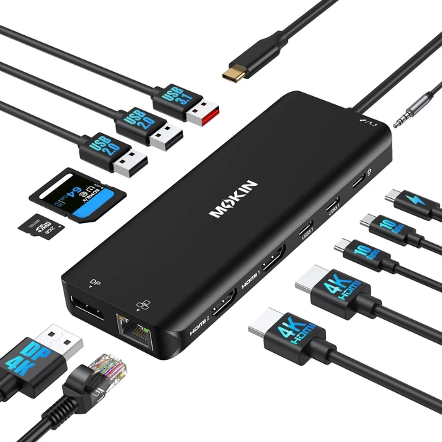 Main image of USB C Laptop Docking Station Dual Monitor Dual HDMI 4K DP Triple Display Hub, 13 in 1 USB C Hub with 3 Monitors, DisplayPort, USB 3.1, RJ45, 100W PD, Card Reader, Audio/Mic, for Dell HP, Black