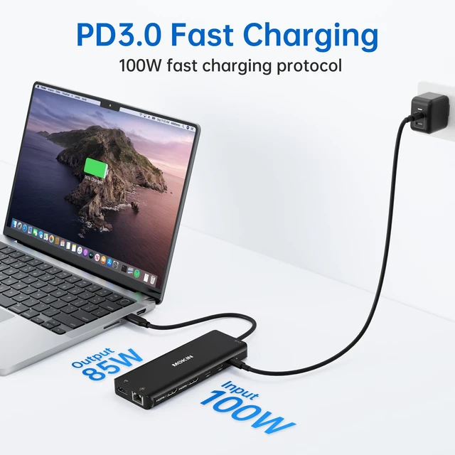 Alt view image 4 of 6 - USB C Laptop Docking Station Dual Monitor Dual HDMI 4K DP Triple Display Hub, 13 in 1 USB C Hub with 3 Monitors, DisplayPort, USB 3.1, RJ45, 100W PD, Card Reader, Audio/Mic, for Dell HP, Black