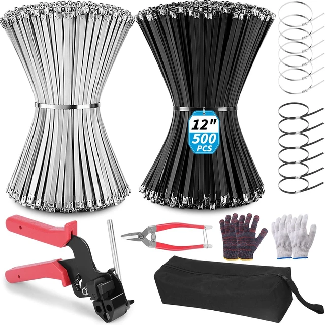 Main image of 500PCS Metal Zip Ties Gun Kit, 12 Inch Heavy Duty Metal Zip Ties, Multi-Purpose Self-Locking Cable Tie Tool Set for Vehicles Farms Plants Fences Pipe Bundling, ScissorsSilver Black