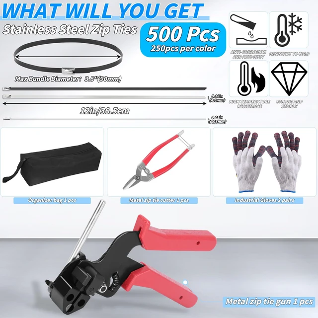 Alt view image 2 of 7 - 500PCS Metal Zip Ties Gun Kit, 12 Inch Heavy Duty Metal Zip Ties, Multi-Purpose Self-Locking Cable Tie Tool Set for Vehicles Farms Plants Fences Pipe Bundling, ScissorsSilver Black