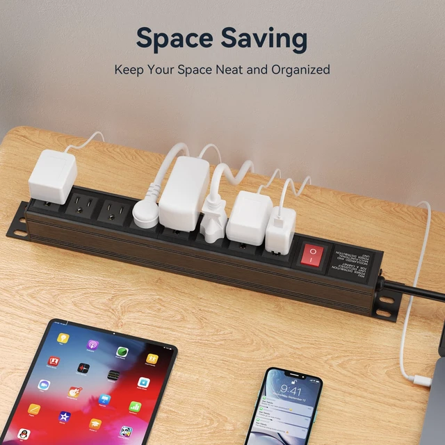 Alt view image 4 of 7 - Heavy Duty Power Strip,8 Outlet Metal Power Strips Wall Mount, 1.6 inch Wide Spaced Industrial Surge Protector, Garage Outlet for Shop Workshop Power Strip with Switch & 6 FT Extension Cord, 300J