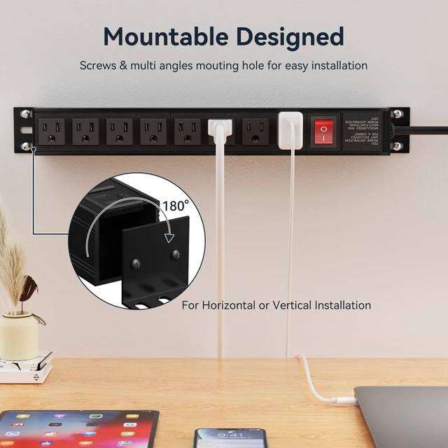 Alt view image 6 of 7 - Heavy Duty Power Strip,8 Outlet Metal Power Strips Wall Mount, 1.6 inch Wide Spaced Industrial Surge Protector, Garage Outlet for Shop Workshop Power Strip with Switch & 6 FT Extension Cord, 300J