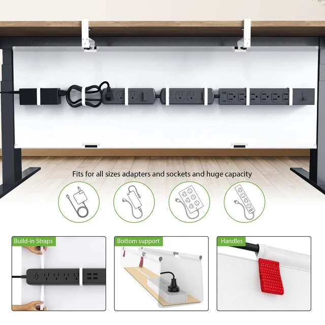 Alt view image 3 of 7 - Extra Large No Drill Under Desk Cable Management Tray 48 in, White Clamp/Screw Mount, Supports Up to 70lbs, Fabric Wire Management Cable Raceways, Cord Hiders, Cord Management for Office/Home