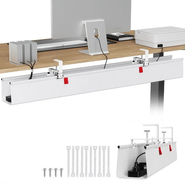 Main image of Extra Large No Drill Under Desk Cable Management Tray 48 in, White Clamp/Screw Mount, Supports Up to 70lbs, Fabric Wire Management Cable Raceways, Cord Hiders, Cord Management for Office/Home