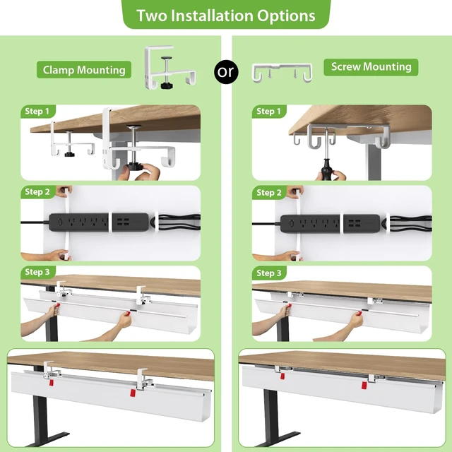 Alt view image 2 of 7 - Extra Large No Drill Under Desk Cable Management Tray 48 in, White Clamp/Screw Mount, Supports Up to 70lbs, Fabric Wire Management Cable Raceways, Cord Hiders, Cord Management for Office/Home