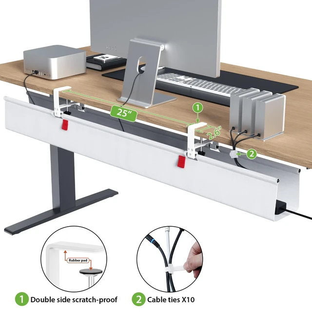 Alt view image 4 of 7 - Extra Large No Drill Under Desk Cable Management Tray 48 in, White Clamp/Screw Mount, Supports Up to 70lbs, Fabric Wire Management Cable Raceways, Cord Hiders, Cord Management for Office/Home