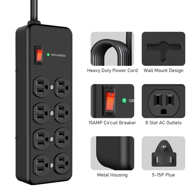 Alt view image 2 of 7 - 15Amp Heavy Duty Surge Protector, 8 Outlets, 14 AWG 10FT Metal Power Strip whit Wall Mount Surge Protector 2700J for Adapter Workshop & Industrial,ETL Listed