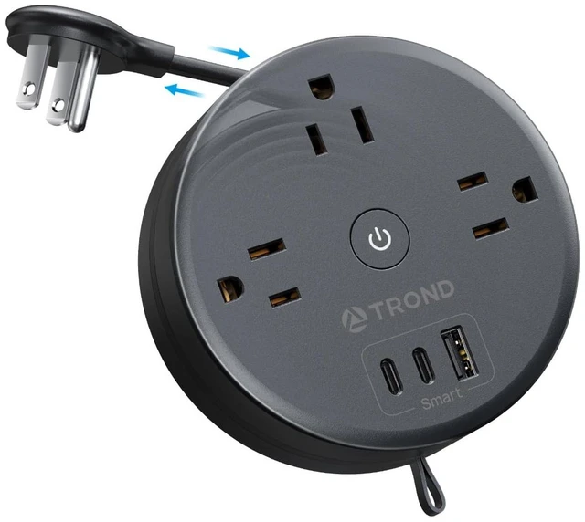Main image of Retractable Power Strip. Extension Cord 5ft, Cruise Ship Essentials Travel Power Strip with 3 AC Outlets 3 USB Ports (2 USB C), Ultra Thin Flat Plug, for Home Hotel Dorm Room, Black