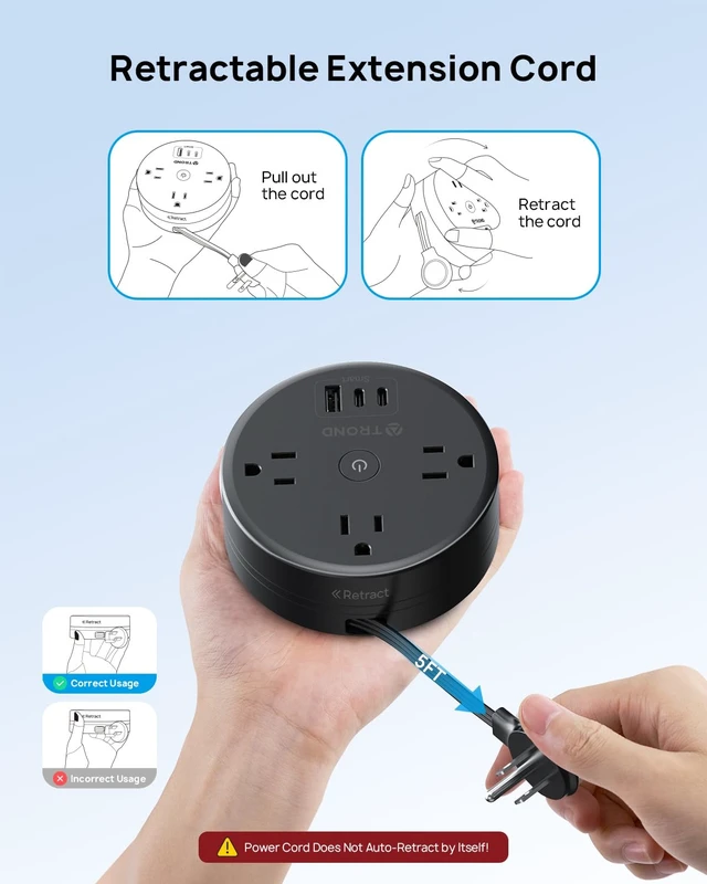 Alt view image 3 of 7 - Retractable Power Strip. Extension Cord 5ft, Cruise Ship Essentials Travel Power Strip with 3 AC Outlets 3 USB Ports (2 USB C), Ultra Thin Flat Plug, for Home Hotel Dorm Room, Black