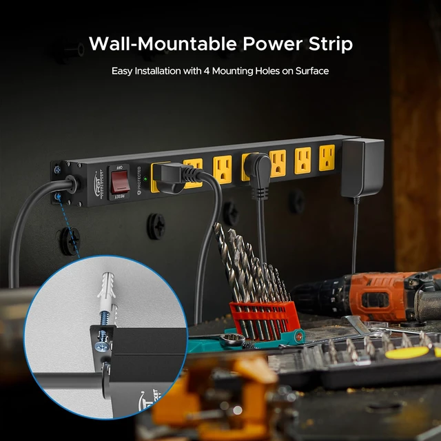 Alt view image 5 of 7 - 8 Outlet Heavy Duty Metal Power Strip, 15A/1875W, 6 FT Cord Surge Protector Power Strip 2100J, Mountable Wide Spaced Power Bar for Workshop/Garage/Home/Office