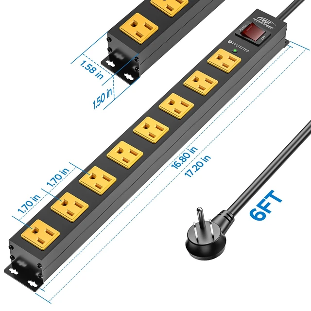 Alt view image 6 of 7 - 8 Outlet Heavy Duty Metal Power Strip, 15A/1875W, 6 FT Cord Surge Protector Power Strip 2100J, Mountable Wide Spaced Power Bar for Workshop/Garage/Home/Office