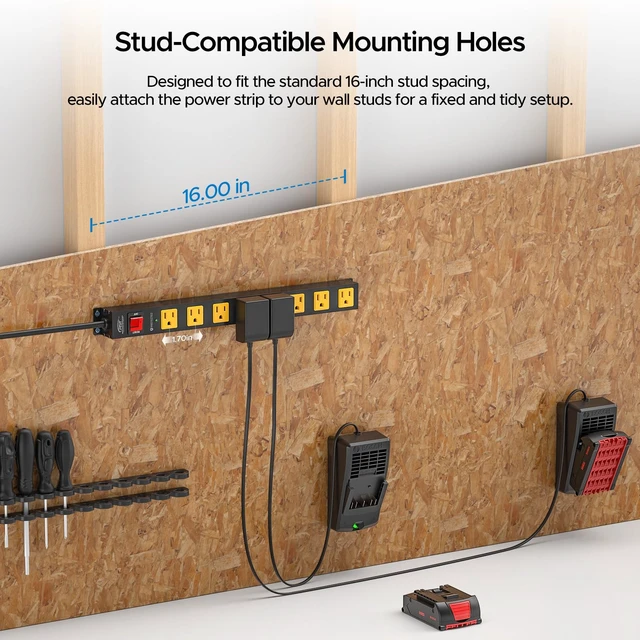 Alt view image 4 of 7 - 8 Outlet Heavy Duty Metal Power Strip, 15A/1875W, 6 FT Cord Surge Protector Power Strip 2100J, Mountable Wide Spaced Power Bar for Workshop/Garage/Home/Office