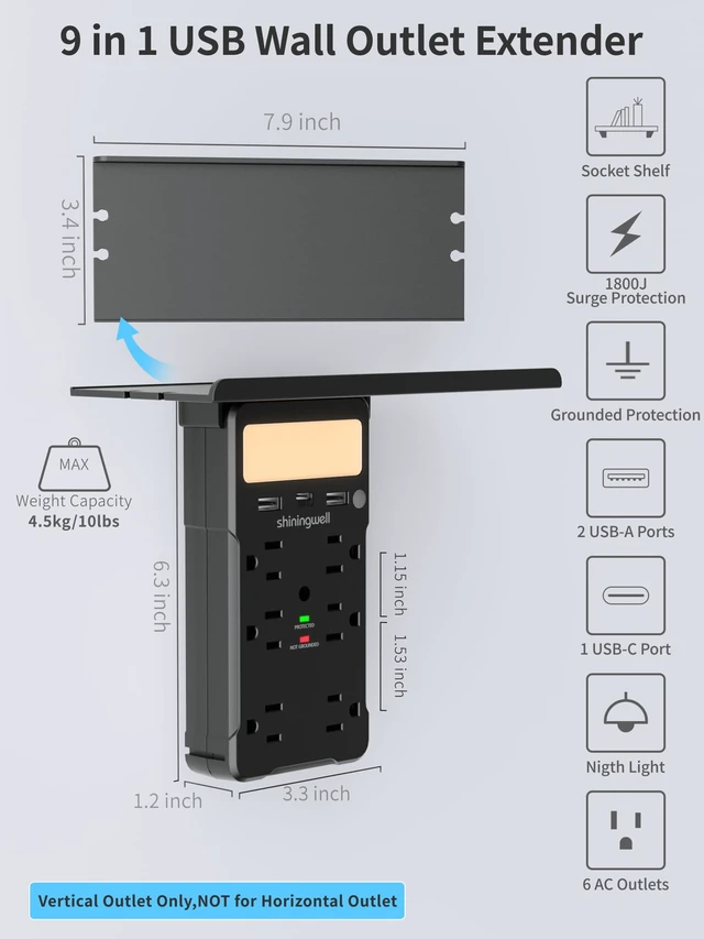 Alt view image 2 of 7 - 6 AC Wall Outlet Extender, Surge Protector, with Shelf & Night Light,Black Multi Plug Wall Outlet Extender with Shelf, 6 AC Outlets, 1800J Surge Protector, 3 USB (2A+1C), Night Light, Home, Dorm