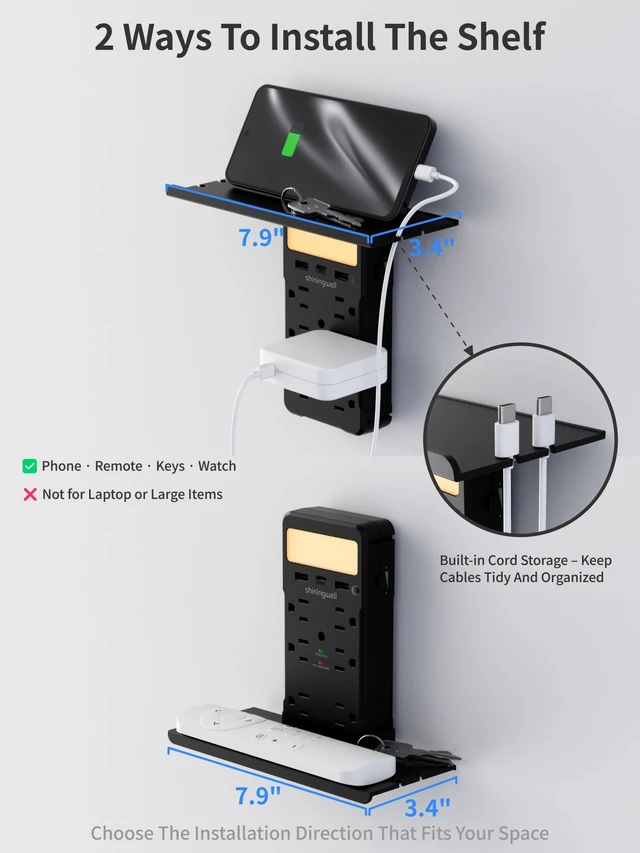Alt view image 4 of 7 - 6 AC Wall Outlet Extender, Surge Protector, with Shelf & Night Light,Black Multi Plug Wall Outlet Extender with Shelf, 6 AC Outlets, 1800J Surge Protector, 3 USB (2A+1C), Night Light, Home, Dorm
