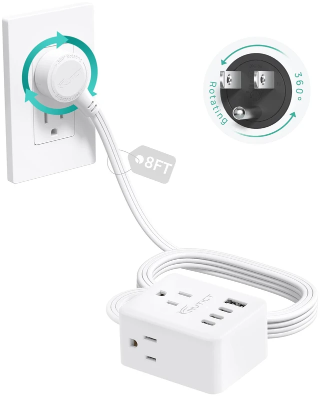 Main image of 360° Rotating Flat Plug Power Strip with 3AC Outlets and 4 USB Ports 8FT Long Extension Cord, Wall Mountable, Compact Outlet Extender for Home Office Dorm Room, Cruise Travel Essentials, White