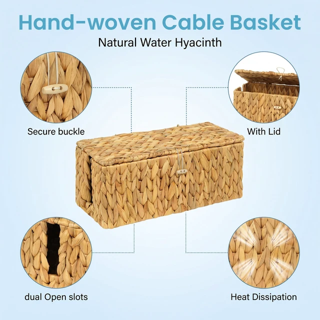Alt view image 3 of 7 - 2 Pack Water Hyacinth Floor Cord Covers with Lid, Hand-woven Cable Management Box, 2 Open Slots Cord Box to to Hide USB Wire, Power Strip & Charger for Home & Office and Dorm, Natural