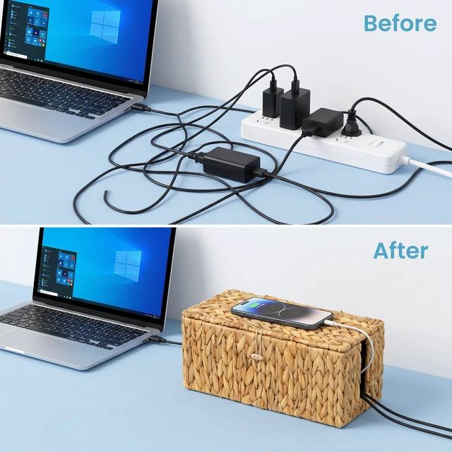 Alt view image 6 of 7 - 2 Pack Water Hyacinth Floor Cord Covers with Lid, Hand-woven Cable Management Box, 2 Open Slots Cord Box to to Hide USB Wire, Power Strip & Charger for Home & Office and Dorm, Natural