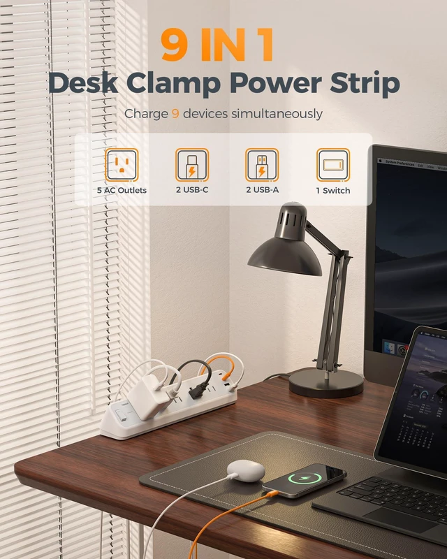 Alt view image 2 of 7 - Desk Clamp Power Strip 10 Ft with 2100J Surge Protector, Gray 5 Outlets and 4 USB (2 USB C) Desk Charging Station, Flat Plug Extension Cord with Multiple Outlets for Home Office Dorm Room