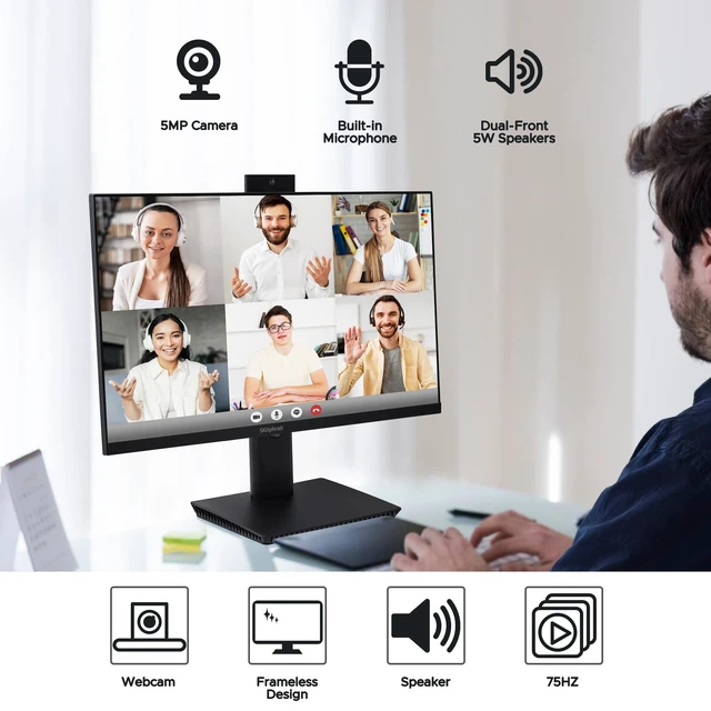Alt view image 2 of 7 - 23.8" 1080P IPS 120Hz Monitor for Business & Gaming - Built-in Adjustable 3MP Webcam, Mic Array, Dual Speakers, Frameless, Eye Care, HDMI/DP/VGA/USB
