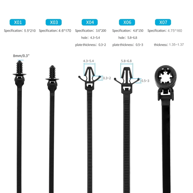 Alt view image 3 of 7 - 210 PCS Universal Nylon Push Mount Zip Ties Assorted Sizes, Heavy Duty Nylon Push Mount Self Locking UV Resistant Wire Ties, 5 Most Popular Sizes,for Indoor Wire Tying Construction Auto