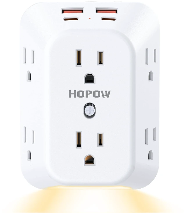 Main image of Outlet Extender, Night Light, 6AC&2A2C, ETL, 1050J, Outlet with USB Ports Flat outlet extender, auto nightlight, surge protector, 1.9in spacing, 12W, outlet splitter for Home Office Dorm Room, White