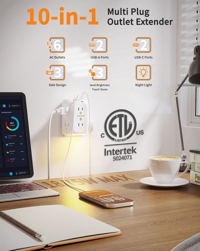 Alt view image 2 of 7 - Outlet Extender, Night Light, 6AC&2A2C, ETL, 1050J, Outlet with USB Ports Flat outlet extender, auto nightlight, surge protector, 1.9in spacing, 12W, outlet splitter for Home Office Dorm Room, White