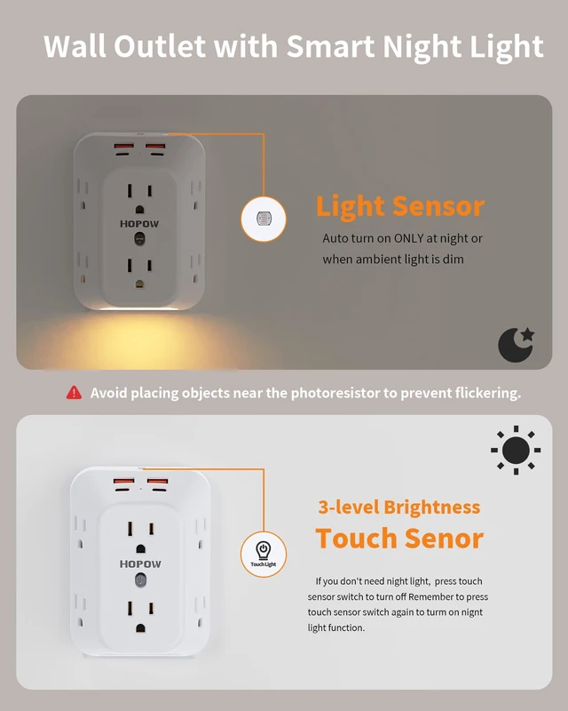 Alt view image 3 of 7 - Outlet Extender, Night Light, 6AC&2A2C, ETL, 1050J, Outlet with USB Ports Flat outlet extender, auto nightlight, surge protector, 1.9in spacing, 12W, outlet splitter for Home Office Dorm Room, White