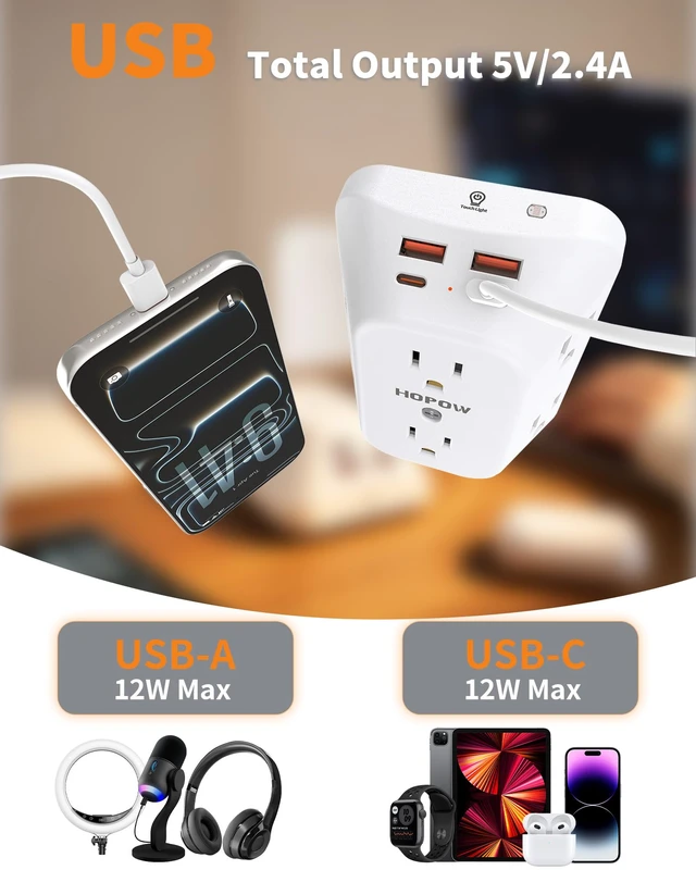 Alt view image 5 of 7 - Outlet Extender, Night Light, 6AC&2A2C, ETL, 1050J, Outlet with USB Ports Flat outlet extender, auto nightlight, surge protector, 1.9in spacing, 12W, outlet splitter for Home Office Dorm Room, White