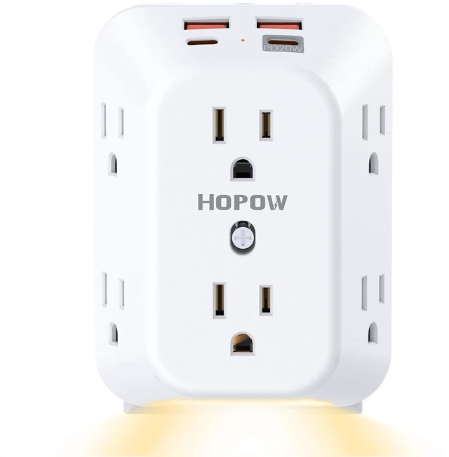 Main image of Outlet Extender, PD20W, Night Light, 6AC&2A2C, ETL, Multi Outlet Wall Plug Outlet with USB Ports, 1050J, 1.9in spacing, auto nightlight, surge protector, wall outlet extender for Home Office, White