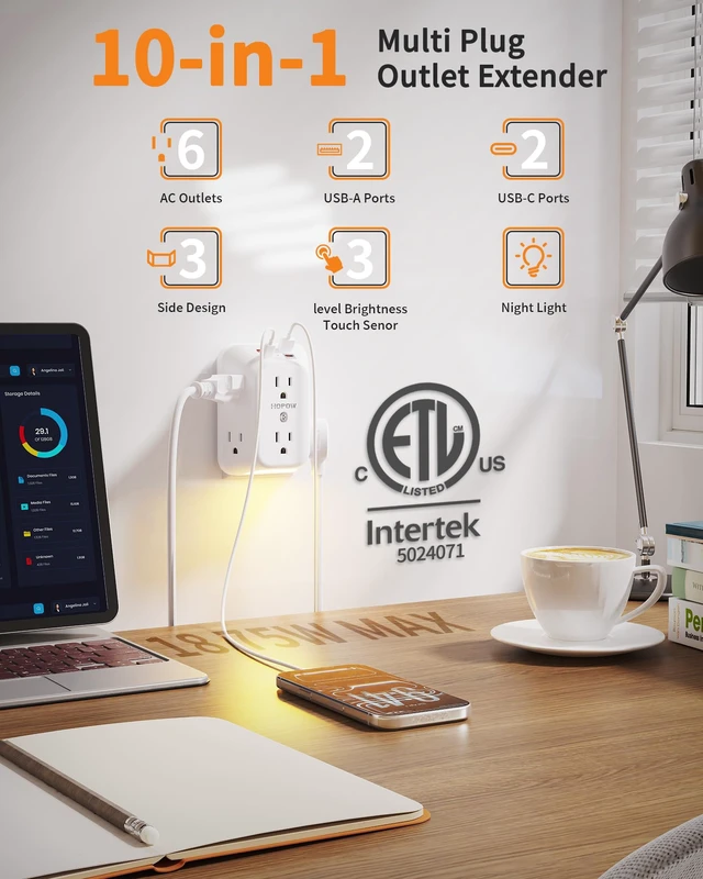 Alt view image 2 of 7 - Outlet Extender, PD20W, Night Light, 6AC&2A2C, ETL, Multi Outlet Wall Plug Outlet with USB Ports, 1050J, 1.9in spacing, auto nightlight, surge protector, wall outlet extender for Home Office, White