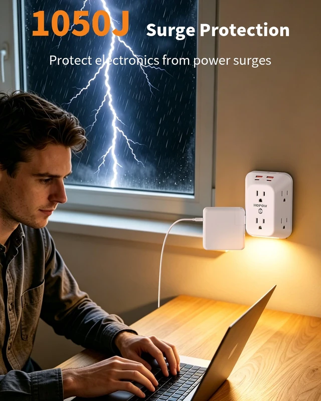 Alt view image 6 of 7 - Outlet Extender, Night Light, 6AC&2A2C, ETL, 1050J, Outlet with USB Ports Flat outlet extender, auto nightlight, surge protector, 1.9in spacing, 12W, outlet splitter for Home Office Dorm Room, White