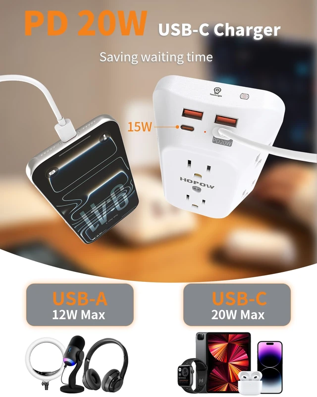 Alt view image 5 of 7 - Outlet Extender, PD20W, Night Light, 6AC&2A2C, ETL, Multi Outlet Wall Plug Outlet with USB Ports, 1050J, 1.9in spacing, auto nightlight, surge protector, wall outlet extender for Home Office, White