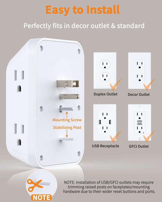 Alt view image 7 of 7 - Outlet Extender, PD20W, Night Light, 6AC&2A2C, ETL, Multi Outlet Wall Plug Outlet with USB Ports, 1050J, 1.9in spacing, auto nightlight, surge protector, wall outlet extender for Home Office, White