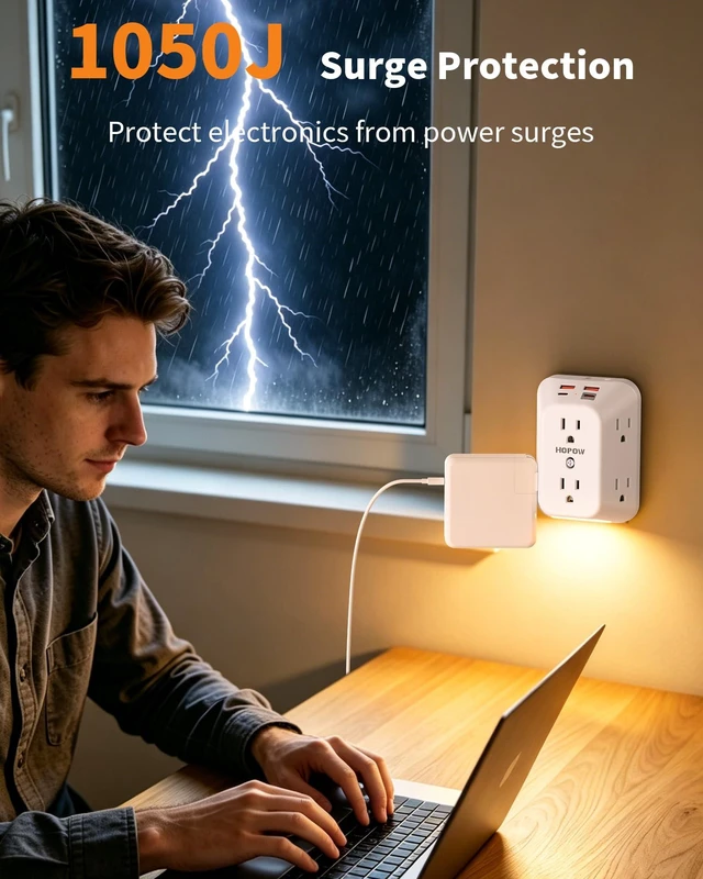 Alt view image 6 of 7 - Outlet Extender, PD20W, Night Light, 6AC&2A2C, ETL, Multi Outlet Wall Plug Outlet with USB Ports, 1050J, 1.9in spacing, auto nightlight, surge protector, wall outlet extender for Home Office, White