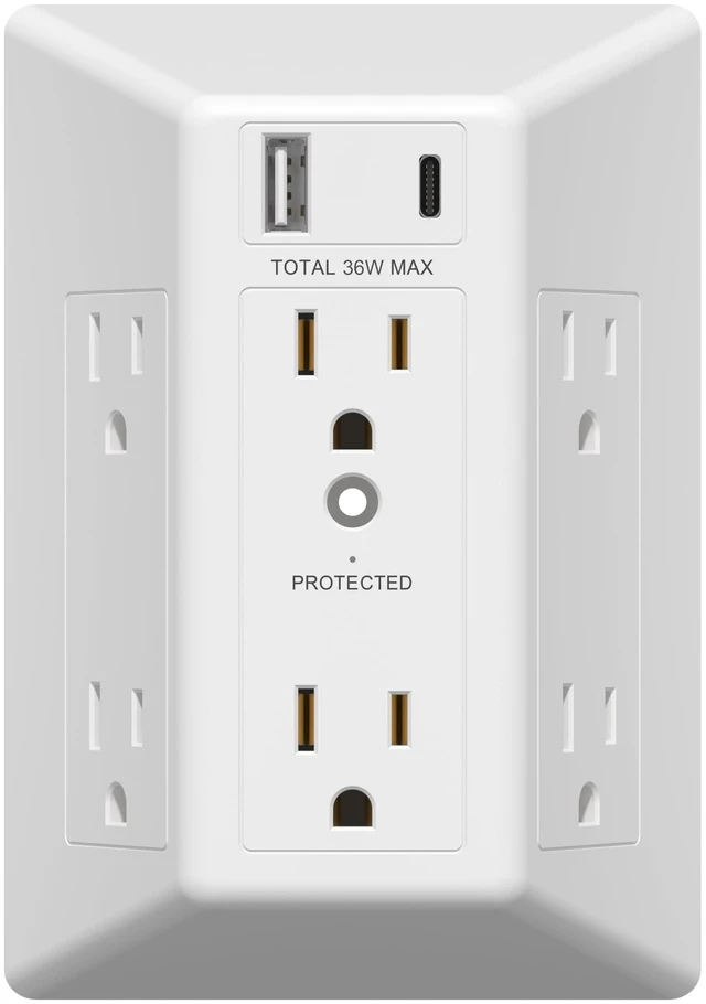 Main image of 6-Outlet Surge Expander, 36W, Surge Protector Up to 1500J, UL Listed Matte White, USB Wall Multi Outlet Extender, Fast Charging, LED Indicator, Thermoplastic