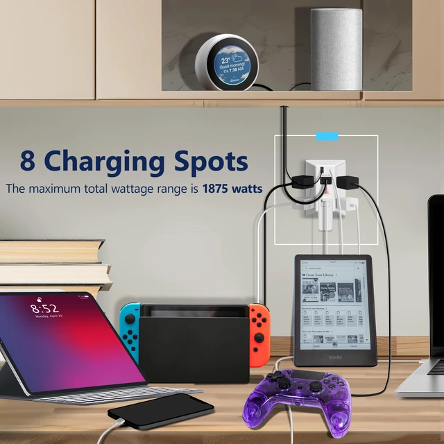 Alt view image 2 of 7 - 6-Outlet Surge Expander, 36W, Surge Protector Up to 1500J, UL Listed Matte White, USB Wall Multi Outlet Extender, Fast Charging, LED Indicator, Thermoplastic