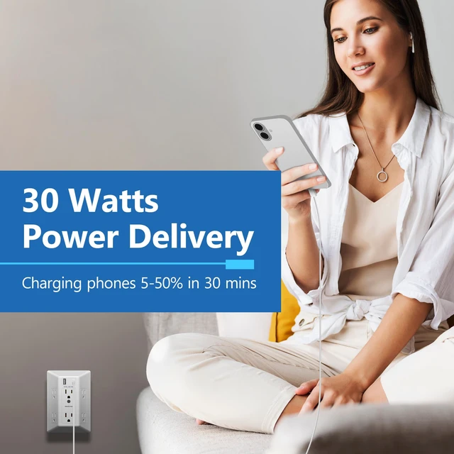 Alt view image 5 of 7 - 6-Outlet Surge Expander, 36W, Surge Protector Up to 1500J, UL Listed Matte White, USB Wall Multi Outlet Extender, Fast Charging, LED Indicator, Thermoplastic
