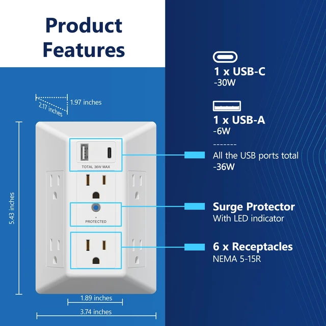 Alt view image 4 of 7 - 6-Outlet Surge Expander, 36W, Surge Protector Up to 1500J, UL Listed Matte White, USB Wall Multi Outlet Extender, Fast Charging, LED Indicator, Thermoplastic