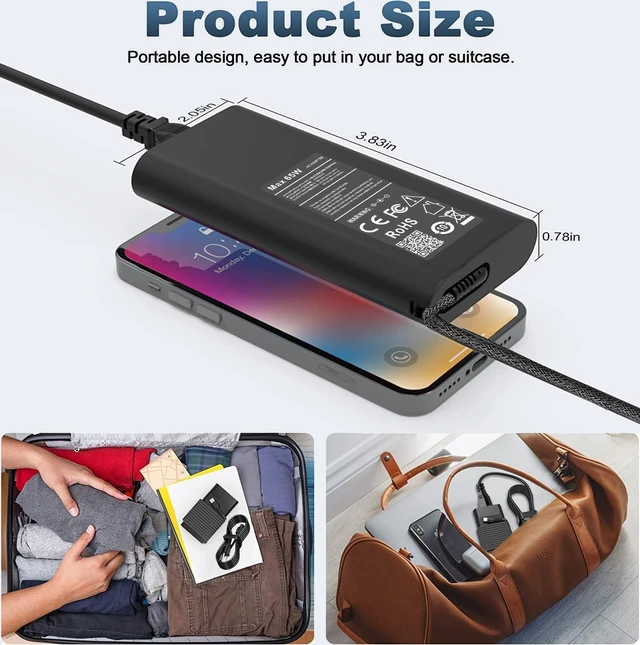 Alt view image 4 of 7 - Slim 65W Watt USB Type C Laptop Charger Compatible with HP OmniBook 5 7 X Flip 16" 14" 17.3 inch AI PC, Zbook ProBook Elite Pavilion AC Adapter Power Cord Supply