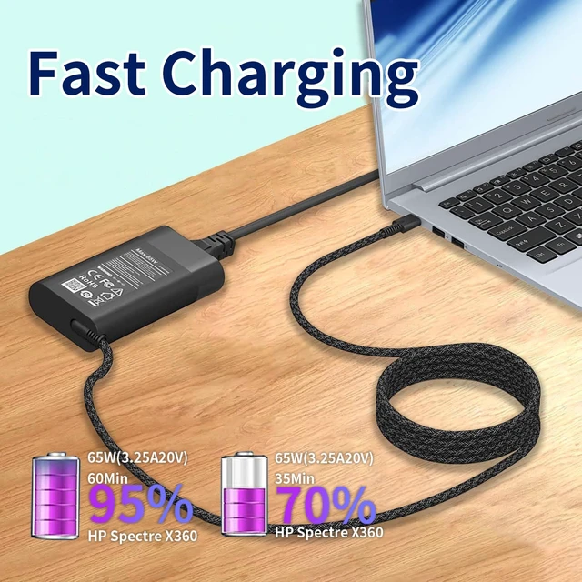 Alt view image 6 of 7 - Slim 65W Watt USB Type C Laptop Charger Compatible with HP OmniBook 5 7 X Flip 16" 14" 17.3 inch AI PC, Zbook ProBook Elite Pavilion AC Adapter Power Cord Supply