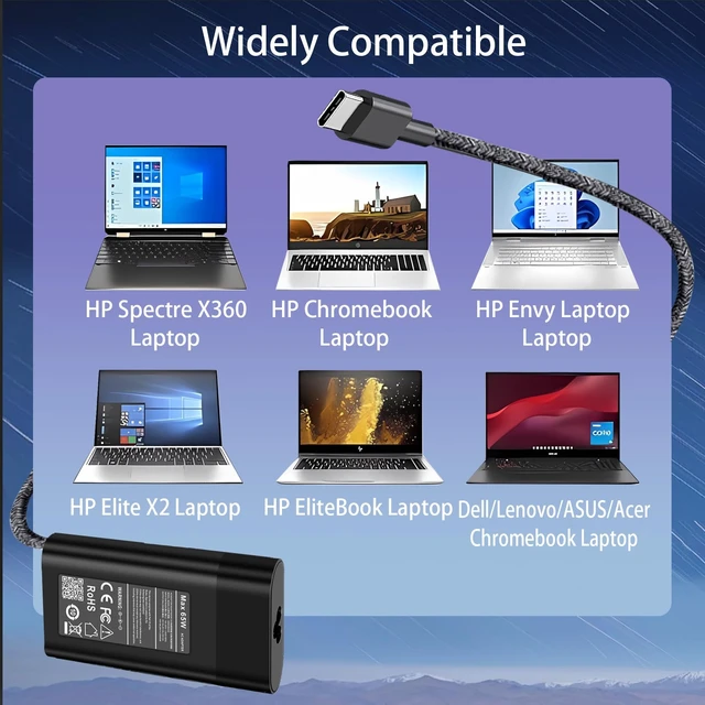 Alt view image 7 of 7 - Slim 65W Watt USB Type C Laptop Charger Compatible with HP OmniBook 5 7 X Flip 16" 14" 17.3 inch AI PC, Zbook ProBook Elite Pavilion AC Adapter Power Cord Supply