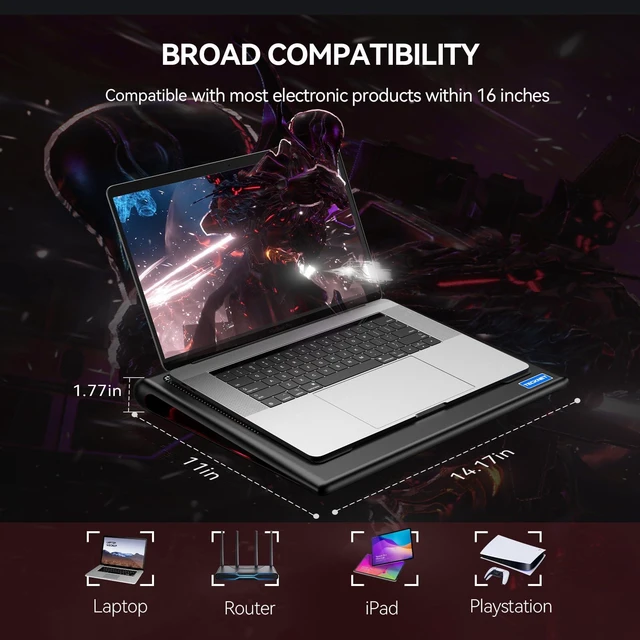 Alt view image 5 of 7 - Laptop Cooling Pad - 12"-15.6" Laptop Cooler with Quiet Cooling Fan USB-A & USB-C Powered Cooling Stand with Adjustable Wind Speeds for Gaming, Work & Everyday Computing, Red LED